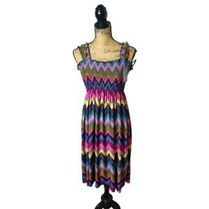 Women's Sundress L-XL Pink/Blue Smocked Waist  Sleeveless Stretch Resort Beach